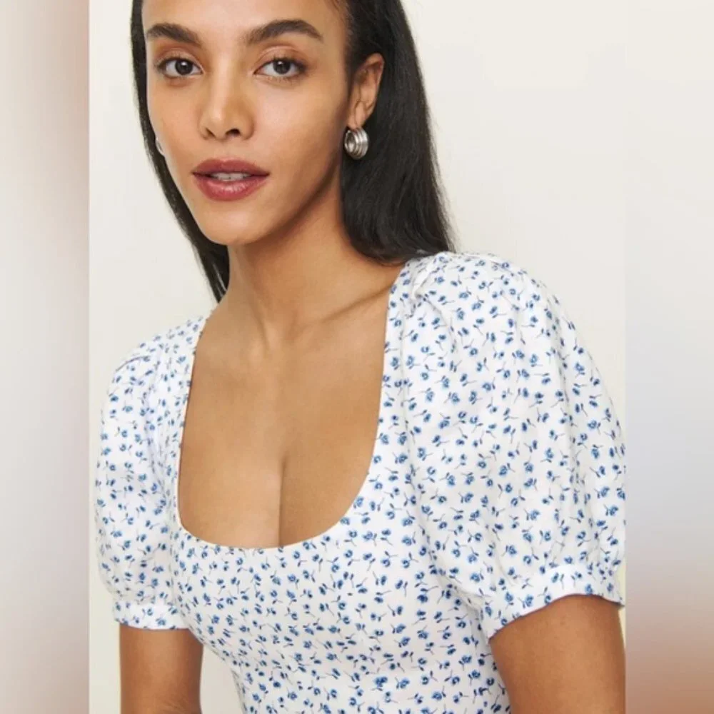 NEW Reformation Coucou Midi Linen Dress Hanna White Blue Floral | US 4 UK 8 - Picture 6 of 16